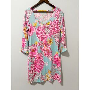 Lilly Pulitzer Palmetto Dress Womens Medium Blue Pink Floral Pima Cotton Preppy
